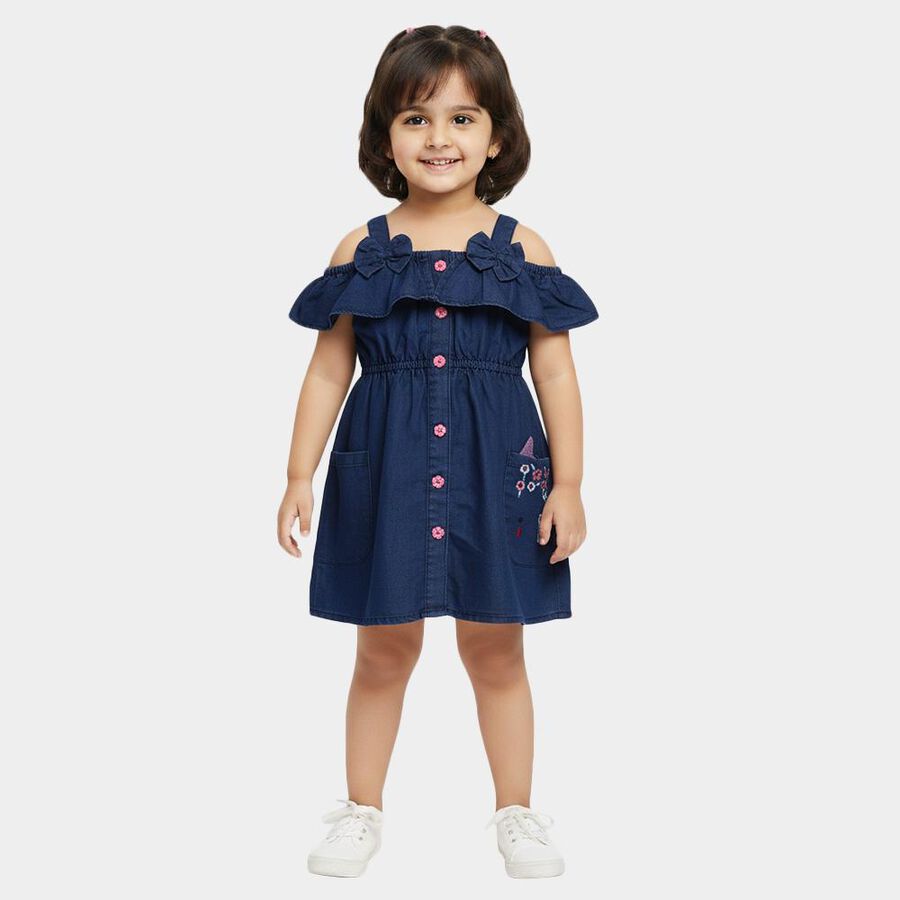 Girls' Deep Indigo Blue Regular Fit Cold Shoulder Embroidered Frock, Dark Blue, large
