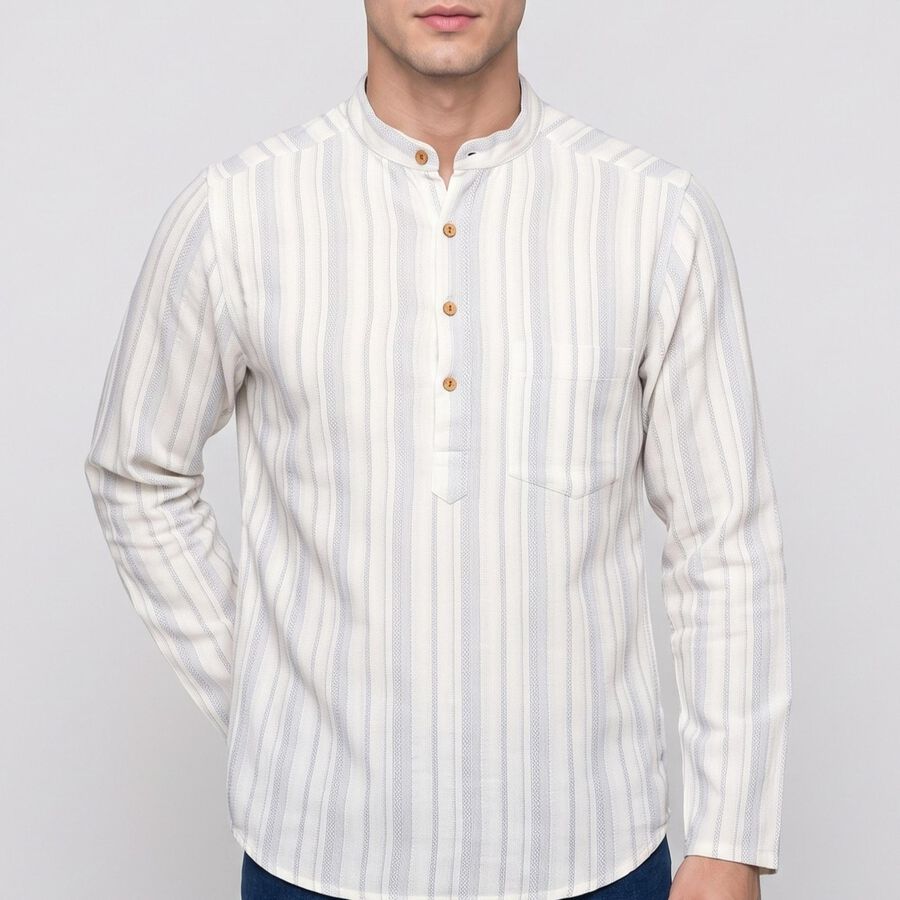 Men's White Mandarin Collar Striped Kurta, सफ़ेद, large