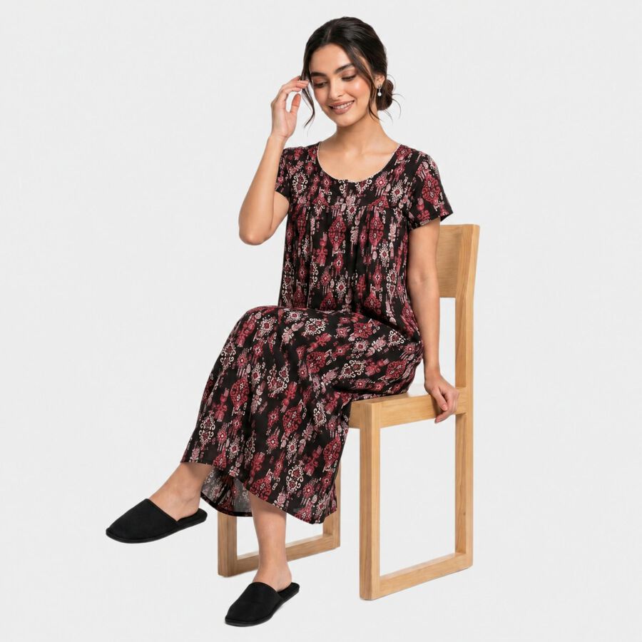 Women's Black Round Neck Maxi Nighty, Black, large