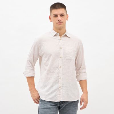 Men's Light Beige Striped Classic Casual Shirt