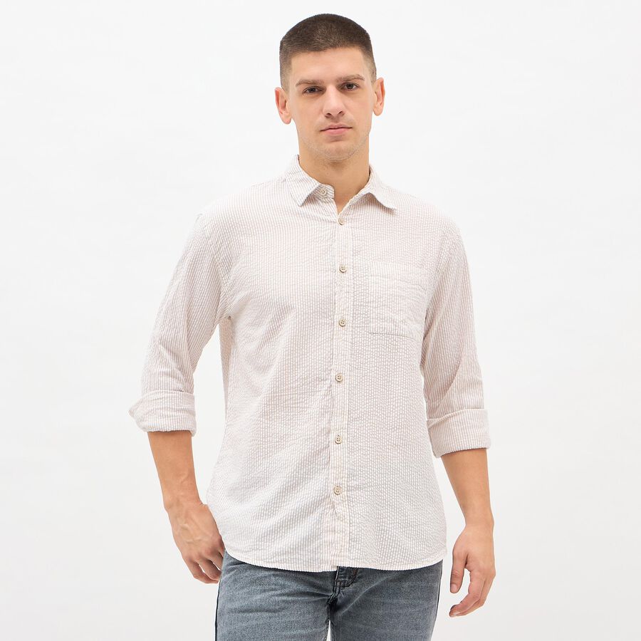 Men's Light Beige Striped Classic Casual Shirt, गहरा पीला, large image number null