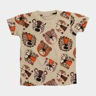 Boys Beige Cotton Round Neck Casual T-Shirt, Beige, small