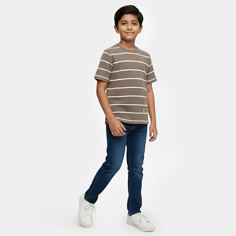 Boys Beige Crew Neck Streetwear T-Shirt, गहरा पीला, large