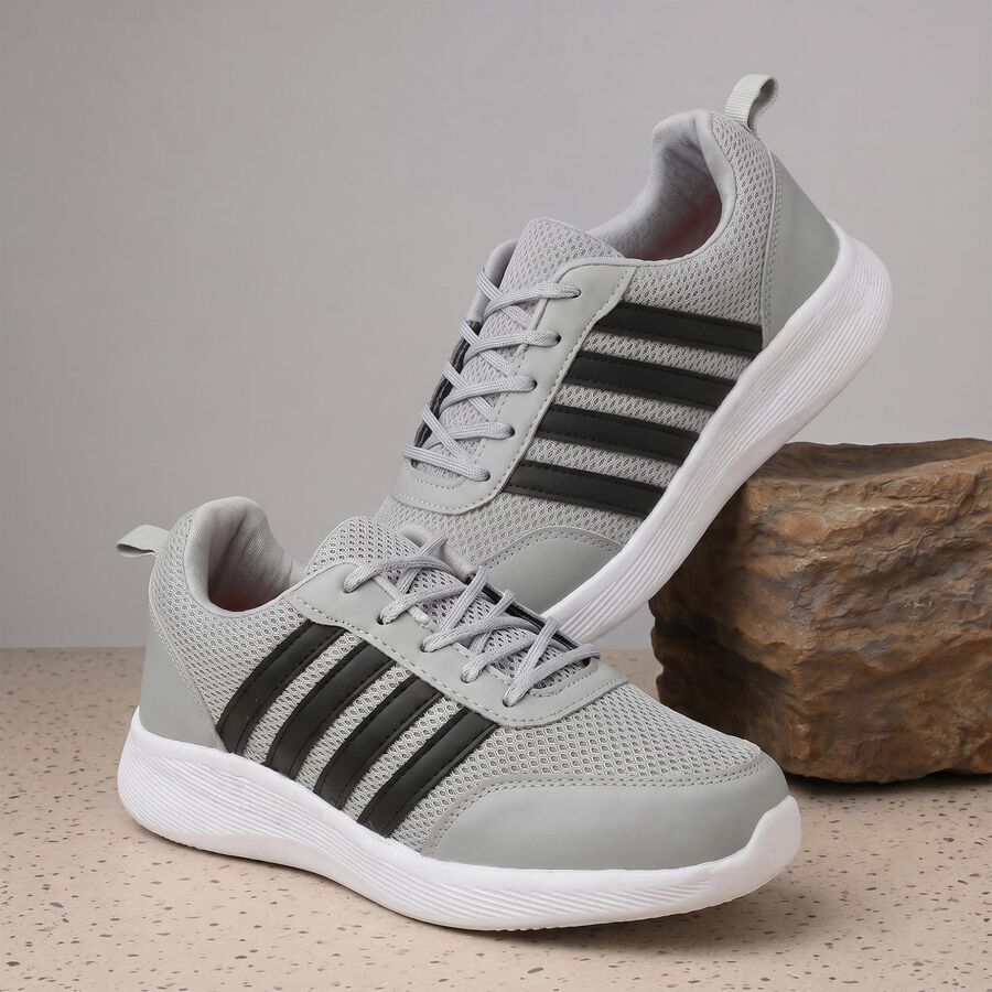 Men's Grey Lace-Up Sneakers, ग्रे, large