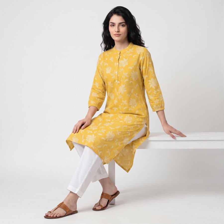 Women's Yellow Mandarin Collar Floral Printed Kurta, Yellow, large