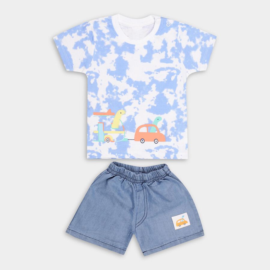 Infants' Blue Round Neck Cartoon Print Baba Suit, Mid Blue, large image number null