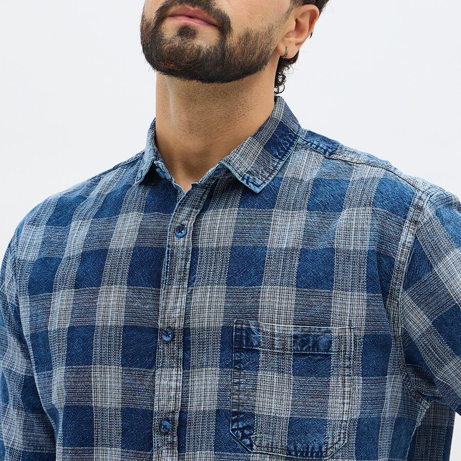 Men's Deep Denim Blue Cotton Full Sleeve Spread Collar Casual Shirt, मध्यम नीला, large image number null