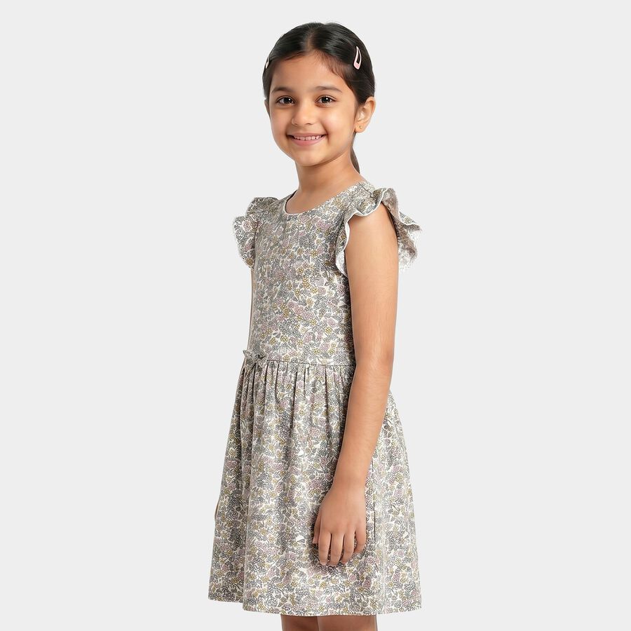 Girls' Cream Floral Printed Fit and Flare Frock, ऑफ व्हाइट, large