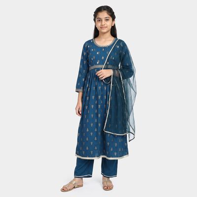 Girls Navy Blue Round Neck Fusion Set Upper and Bottom Set