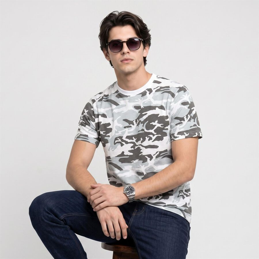 Men's White Cotton Round Neck Camouflage Regular T-Shirt, सफ़ेद, large