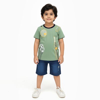 Boys' Light Green Cotton Round Neck Sports Printed Baba Suit