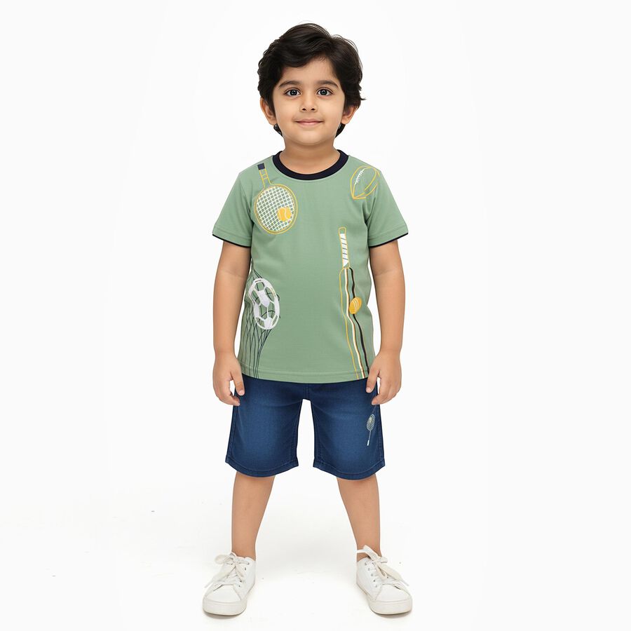 Boys' Light Green Cotton Round Neck Sports Printed Baba Suit, Light Green, large image number null