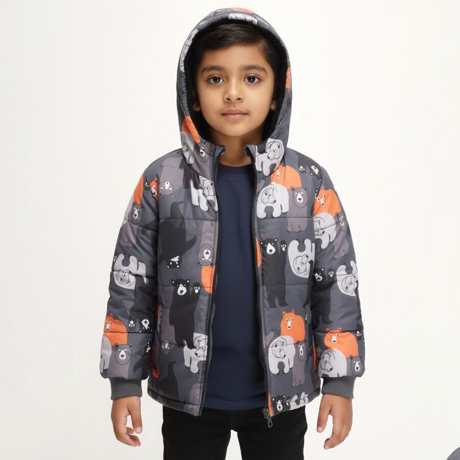 Boys Grey and Orange Hooded Casual Jacket, चारकोल, large image number null