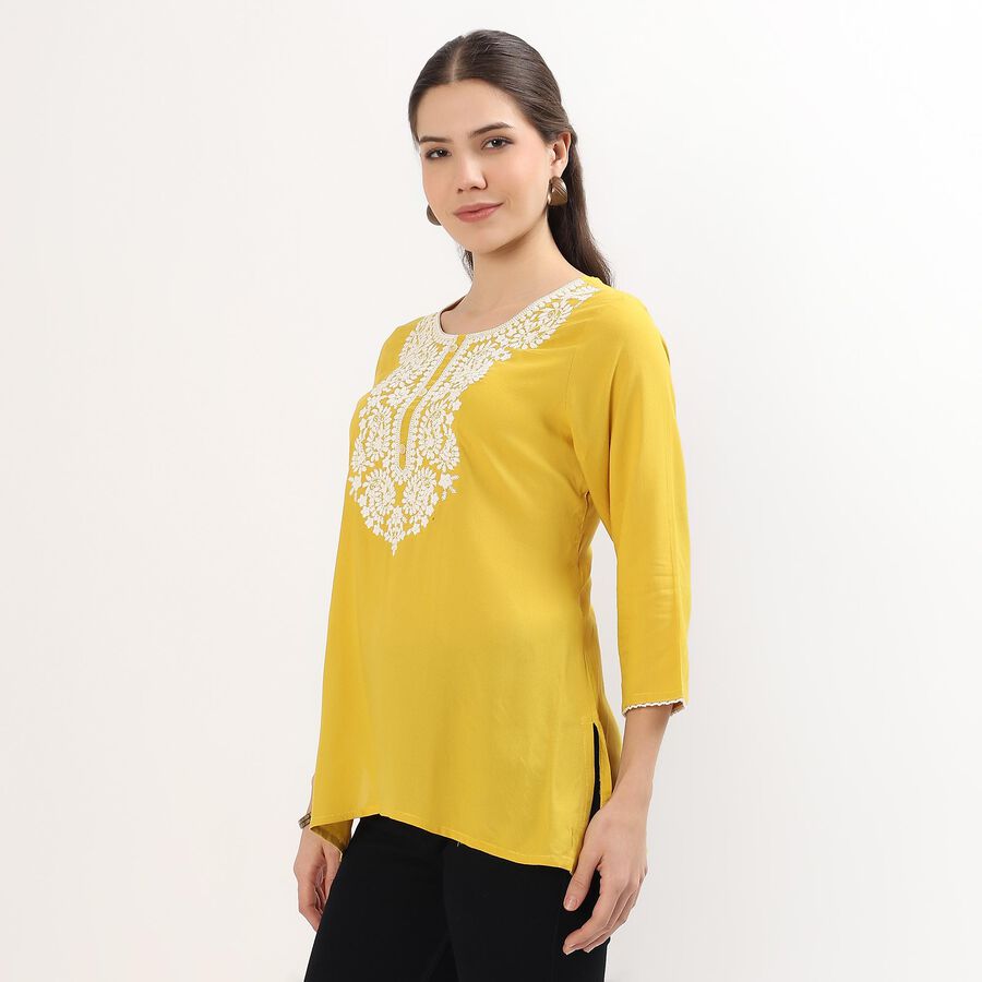 Women's Bright Mustard Yellow Round Neck Embroidered Kurti, पीला, large image number null