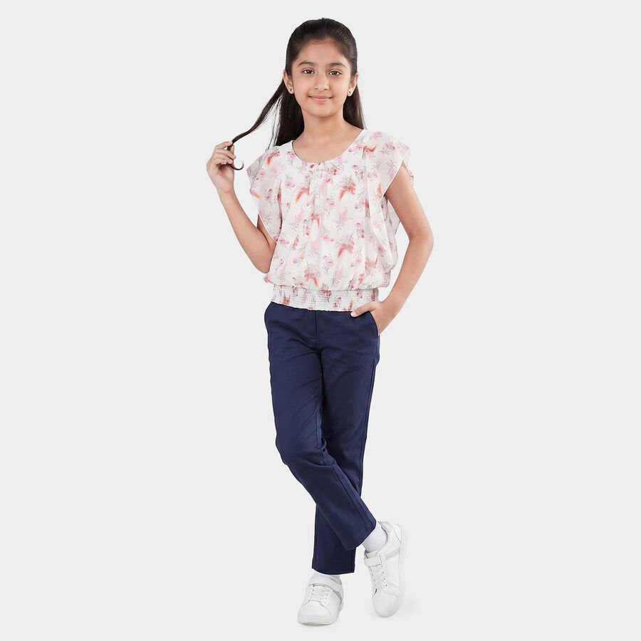 Girls White Round Neck Floral Printed T-Shirt, White, large