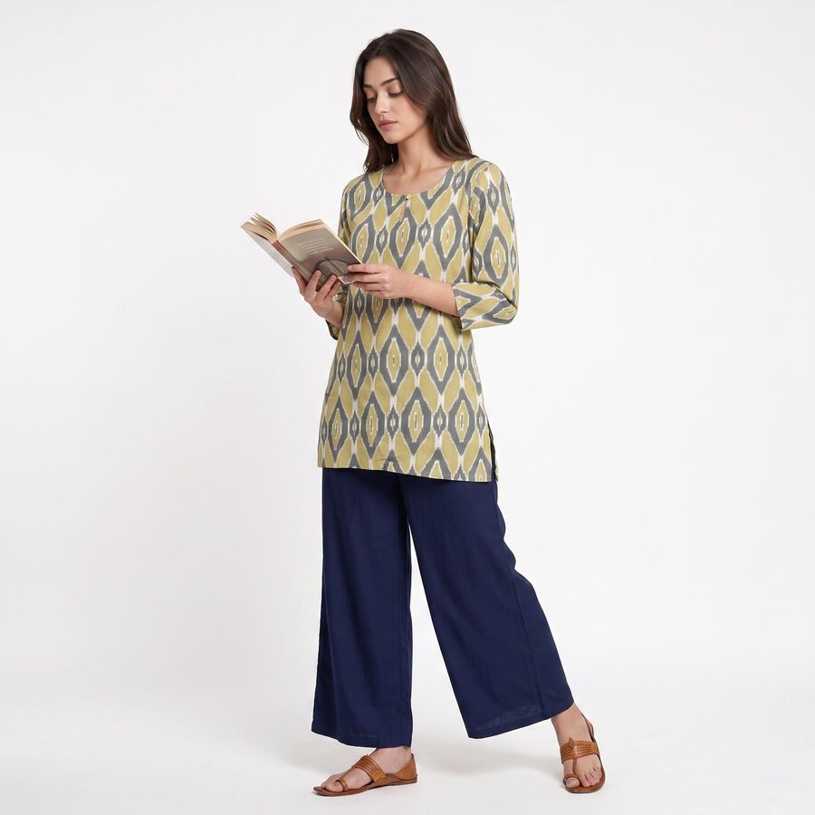 Women's Olive Green Round Neck Ikat Printed Kurti, हल्का हरा, large
