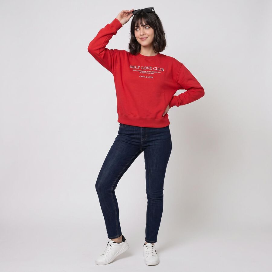 Women Fuchsia Crew Neck Graphic Print Sweatshirt, Fuchsia, large