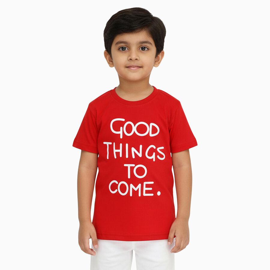 Boys Bright Cherry Red Crew Neck Casual T-Shirt, लाल, large image number null