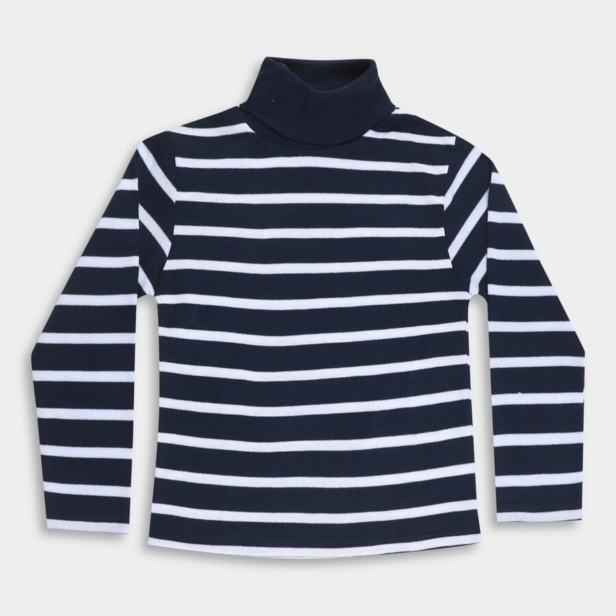 Boys' Deep Midnight Navy Blue Turtleneck Striped Pullover, नेवी ब्लू, large image number null