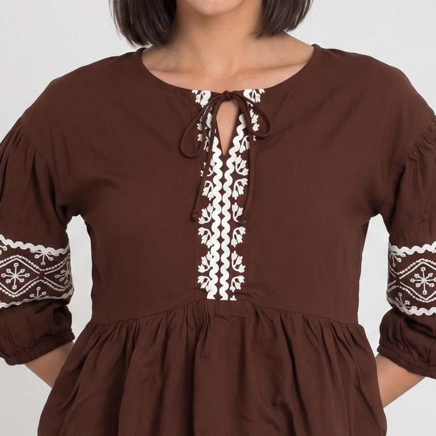 Women's Brown Round Neck Shirt, भूरा, large
