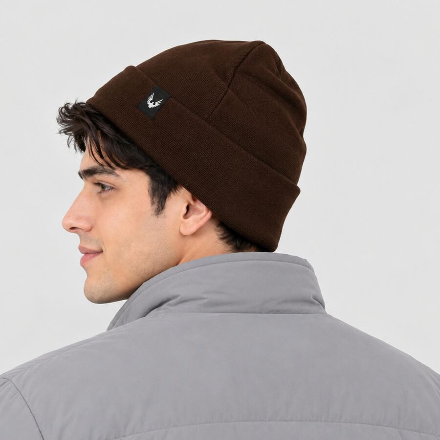 Men's Brown Cuffed Logo Beanie Cap, Brown, large