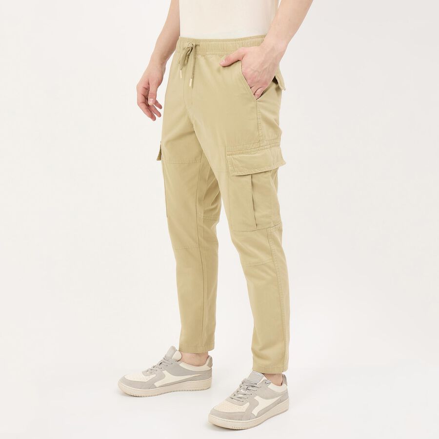 Men's Beige Slim Fit Flat-Front Trousers, Beige, large