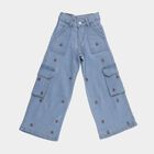 Girls' Light Blue Wide Leg Embroidered Cargo Jeans, हल्का नीला, small image number null