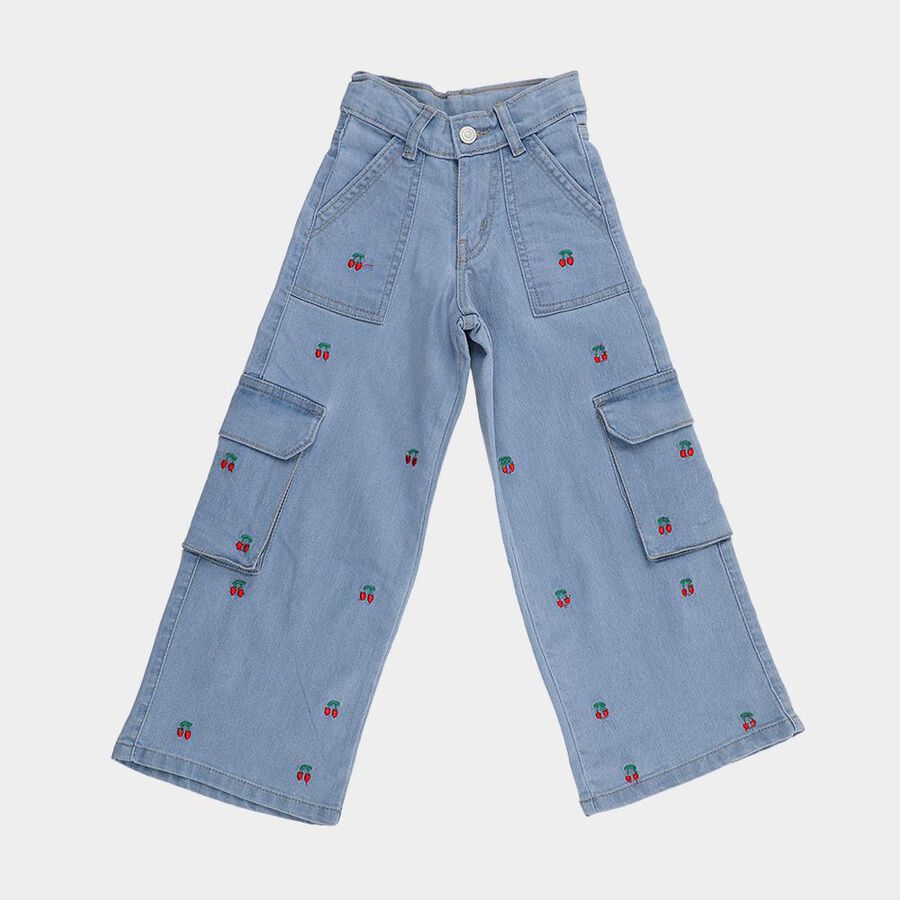 Girls' Light Blue Wide Leg Embroidered Cargo Jeans, हल्का नीला, large image number null
