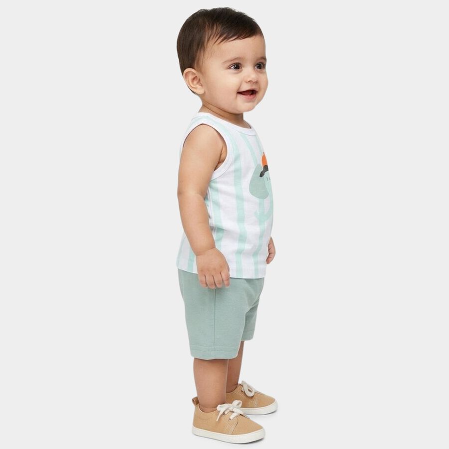 Infants' Mint Cotton Round Neck Striped and Graphic Printed Baba Suit, हल्का हरा, large