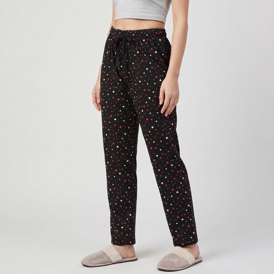 Women Black Straight Fit Heart Printed Pyjama, Black, large