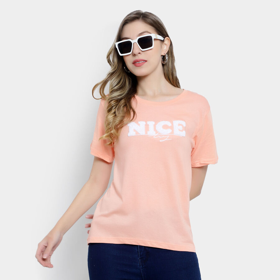 Embellished Round Neck T-Shirt, Peach, large image number null