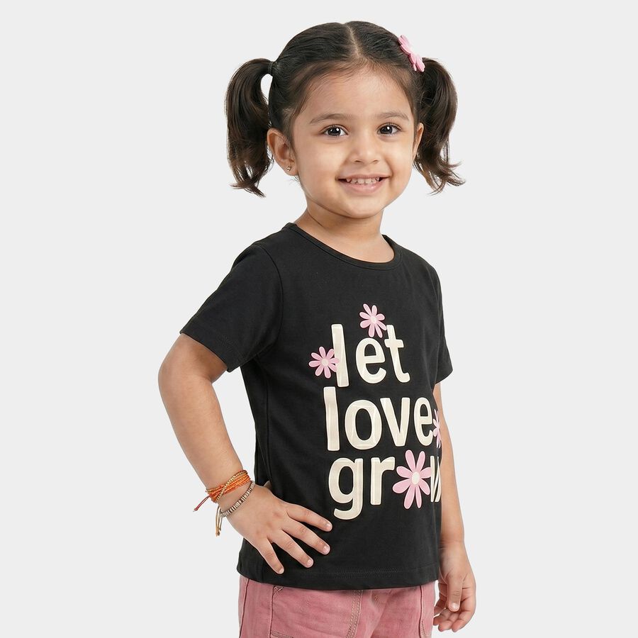 Girls Black Cotton Blend Round Neck Regular T-Shirt, Black, large