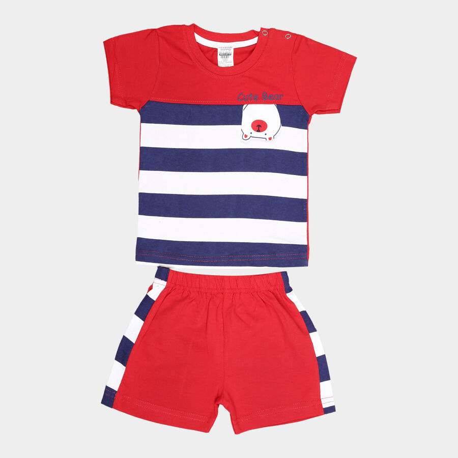 Infants Cotton Stripes Baba Suit, Red, large image number null