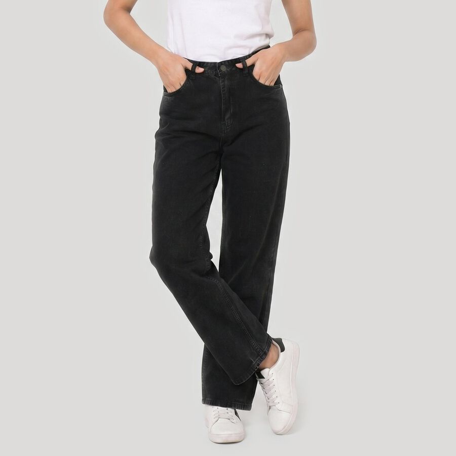 Women's Black Straight Fit Washed Jeans, काला, large