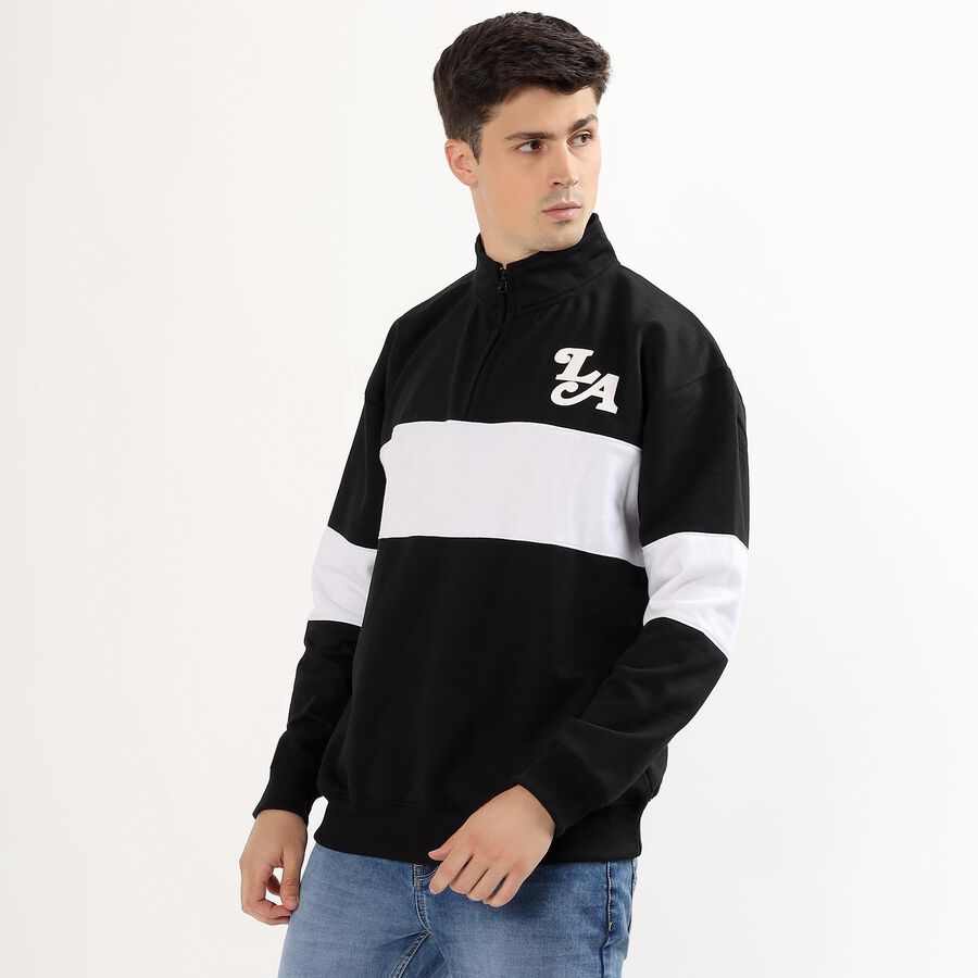 Men's Jet Black Zip Neck Casual Sweatshirt, काला, large image number null