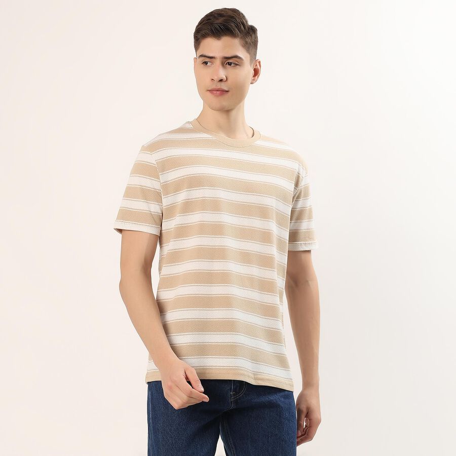 Men's Beige Cotton Blend Round Neck Casual T-Shirt, Beige, large