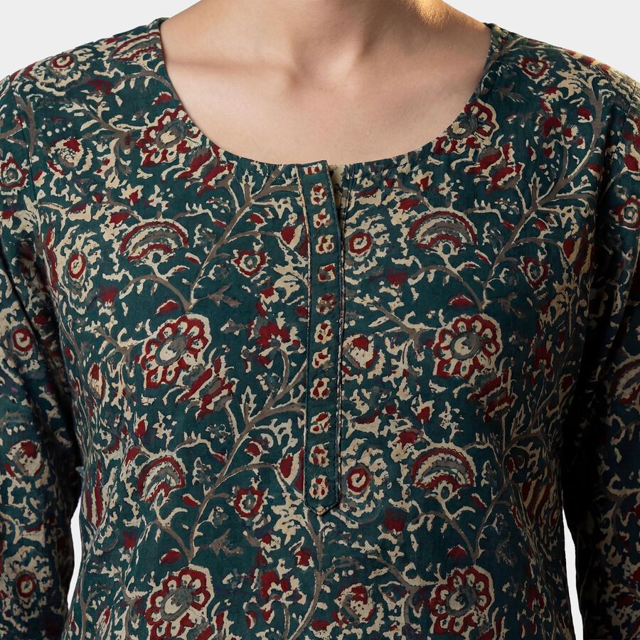 Women's Green Cotton Notch Neck Floral Printed Kurti, Dark Green, large