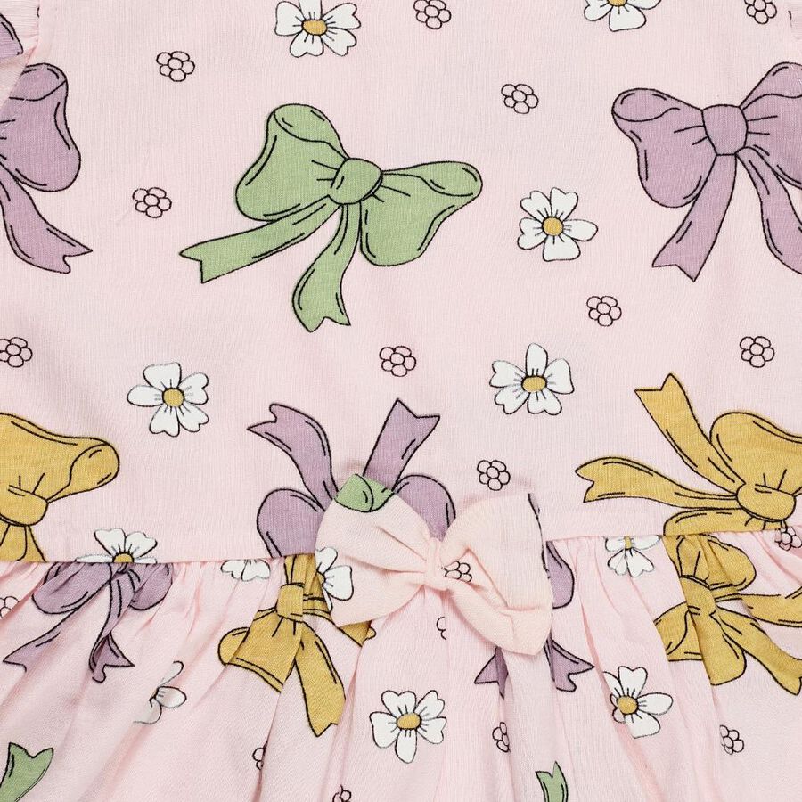 Girls' Light Pink Bow and Floral Printed A-Line Frock, Light Pink, large image number null