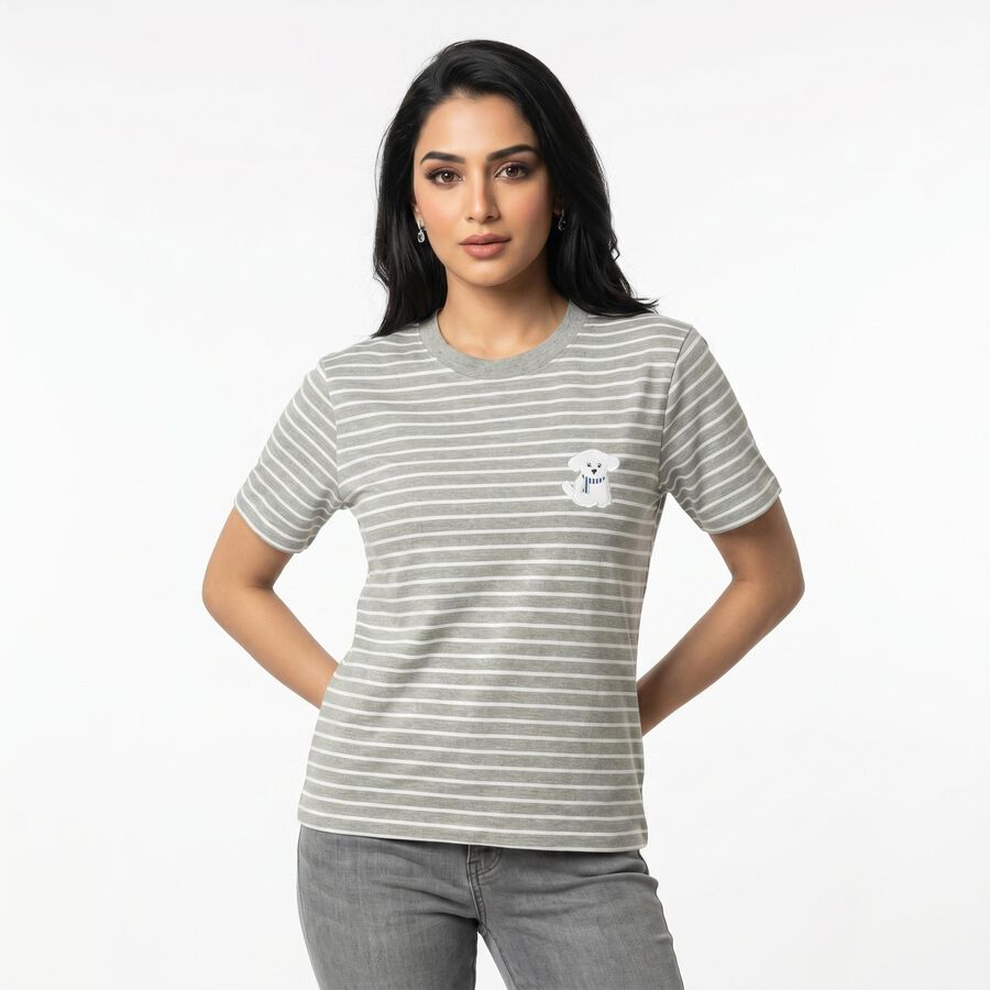 Women's Grey Round Neck Regular T-Shirt, Melange Light Grey, large