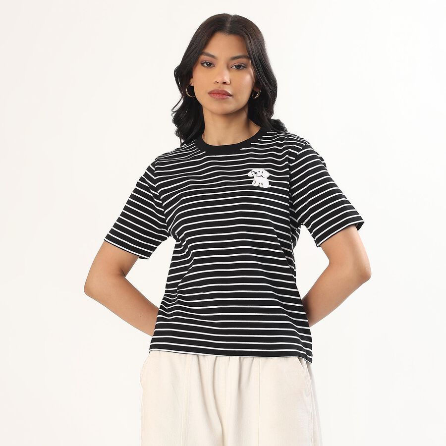 Women's Jet Black Cotton Round Neck Casual T-Shirt, Black, large