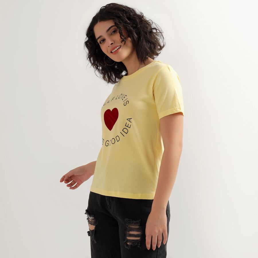 Women's Bright Yellow Cotton Round Neck Graphic Print T-Shirt, Yellow, large