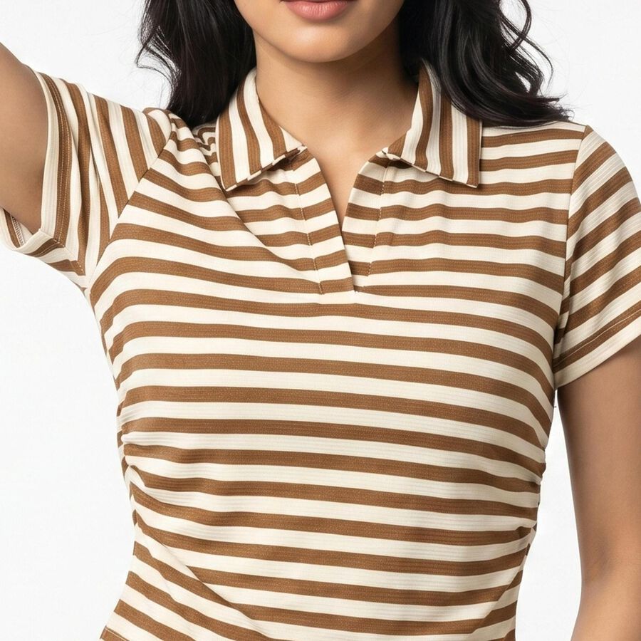 Women's Brown Polo Neck Striped Polo T-Shirt, Brown, large