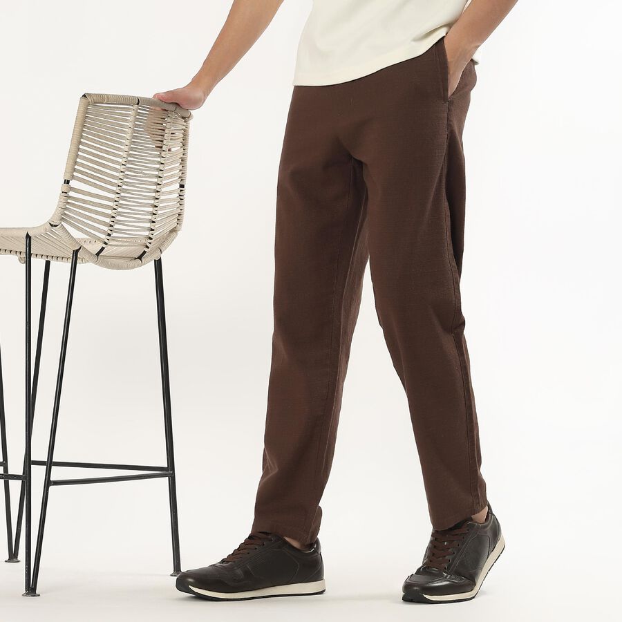 Men's Brown Slim Fit Casual Trousers, भूरा, large