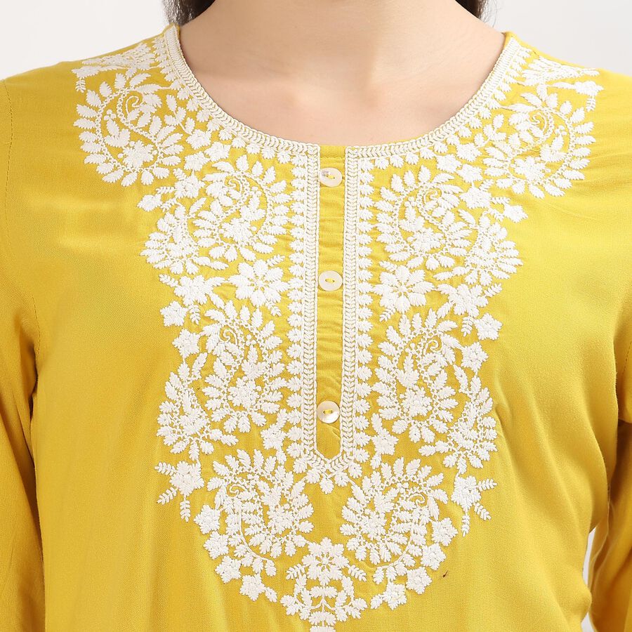 Women's Bright Mustard Yellow Round Neck Embroidered Kurti, पीला, large image number null
