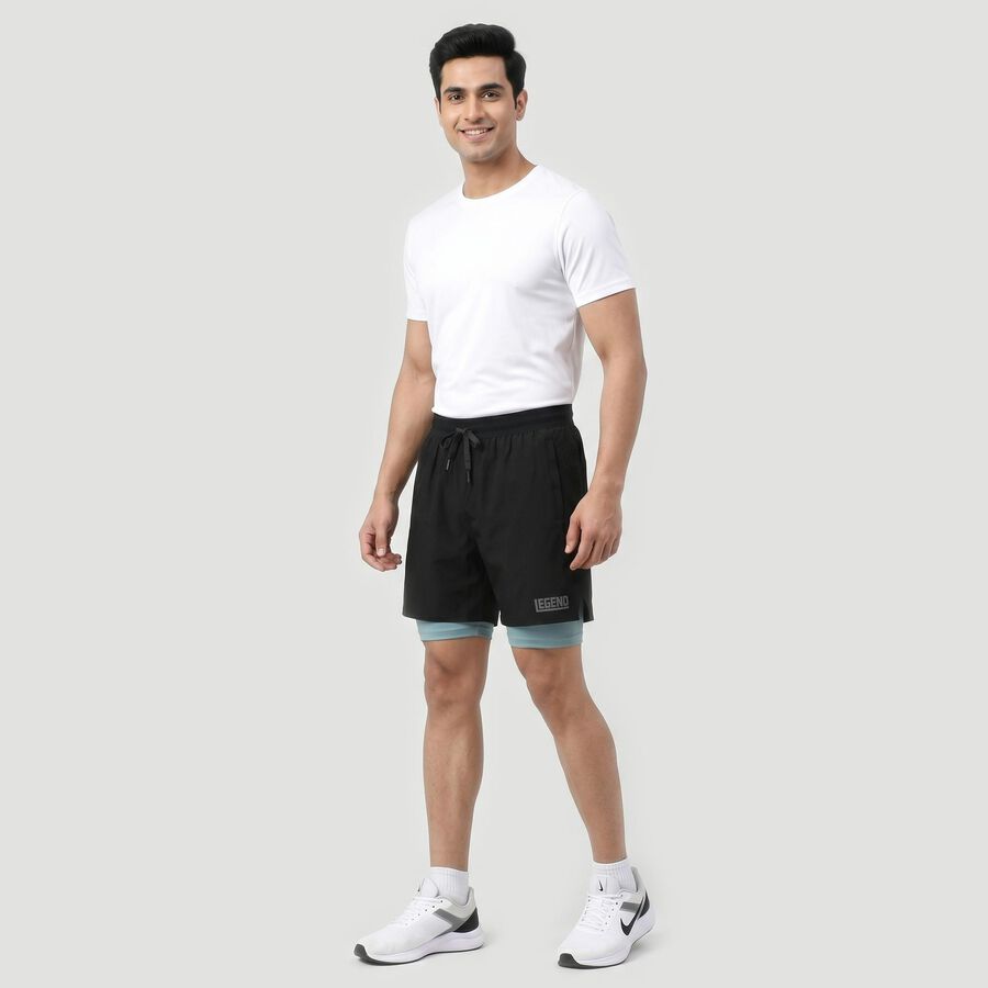 Men's Black Regular Fit 2-in-1 Sports Shorts, Black, large