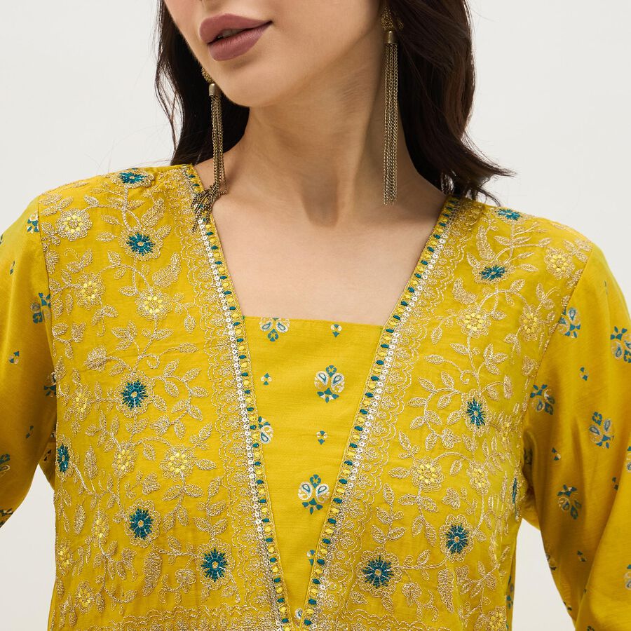 Women's Bright Mustard Yellow V-Neck Embroidered A-Line Kurta, Light Green, large image number null