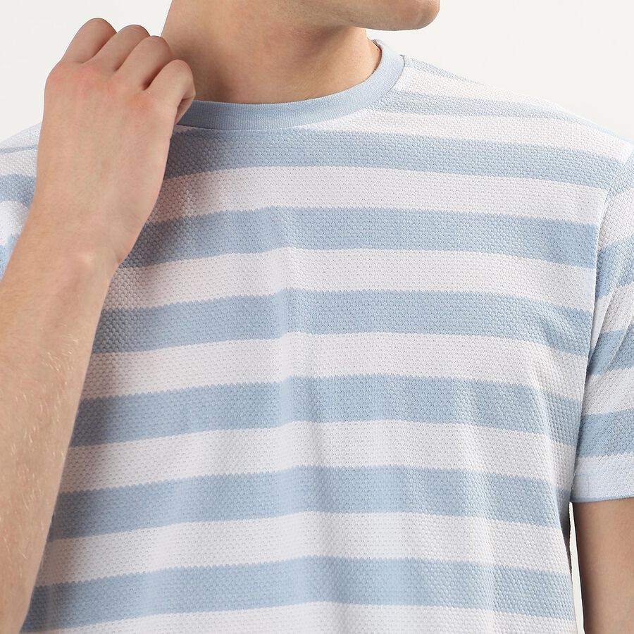 Men's Light Blue Round Neck Horizontal Striped T-Shirt, स्काई ब्लू, large