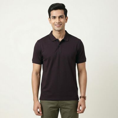 Men's Wine Cotton Polo Neck Casual T-Shirt