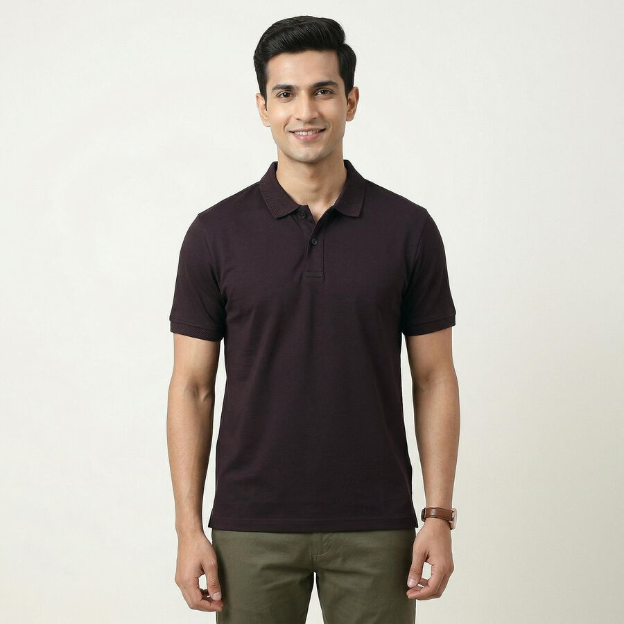 Men's Wine Cotton Polo Neck Casual T-Shirt, वाइन, large