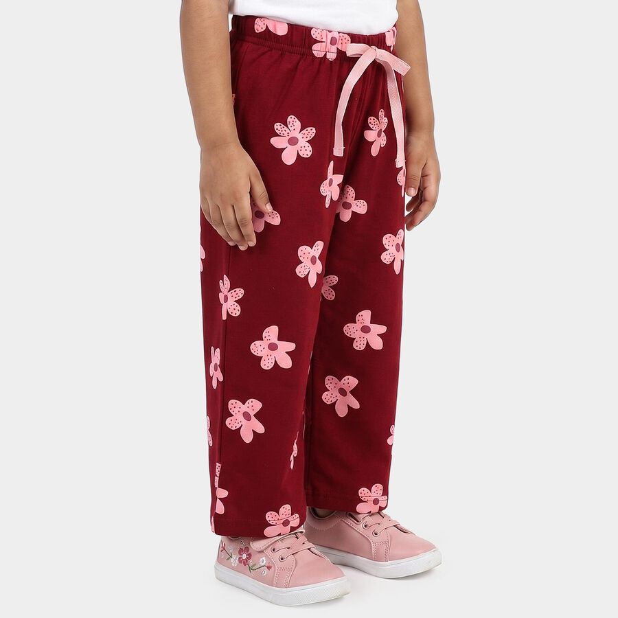 Girls' Wine Straight Fit Floral Printed Pyjama, वाइन, large
